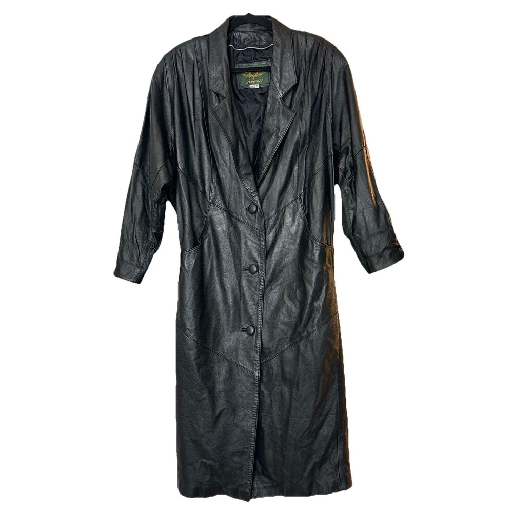 Vintage Avanti Leather Black Long Duster 3 Button Trench Coat XS 80s 90s READ